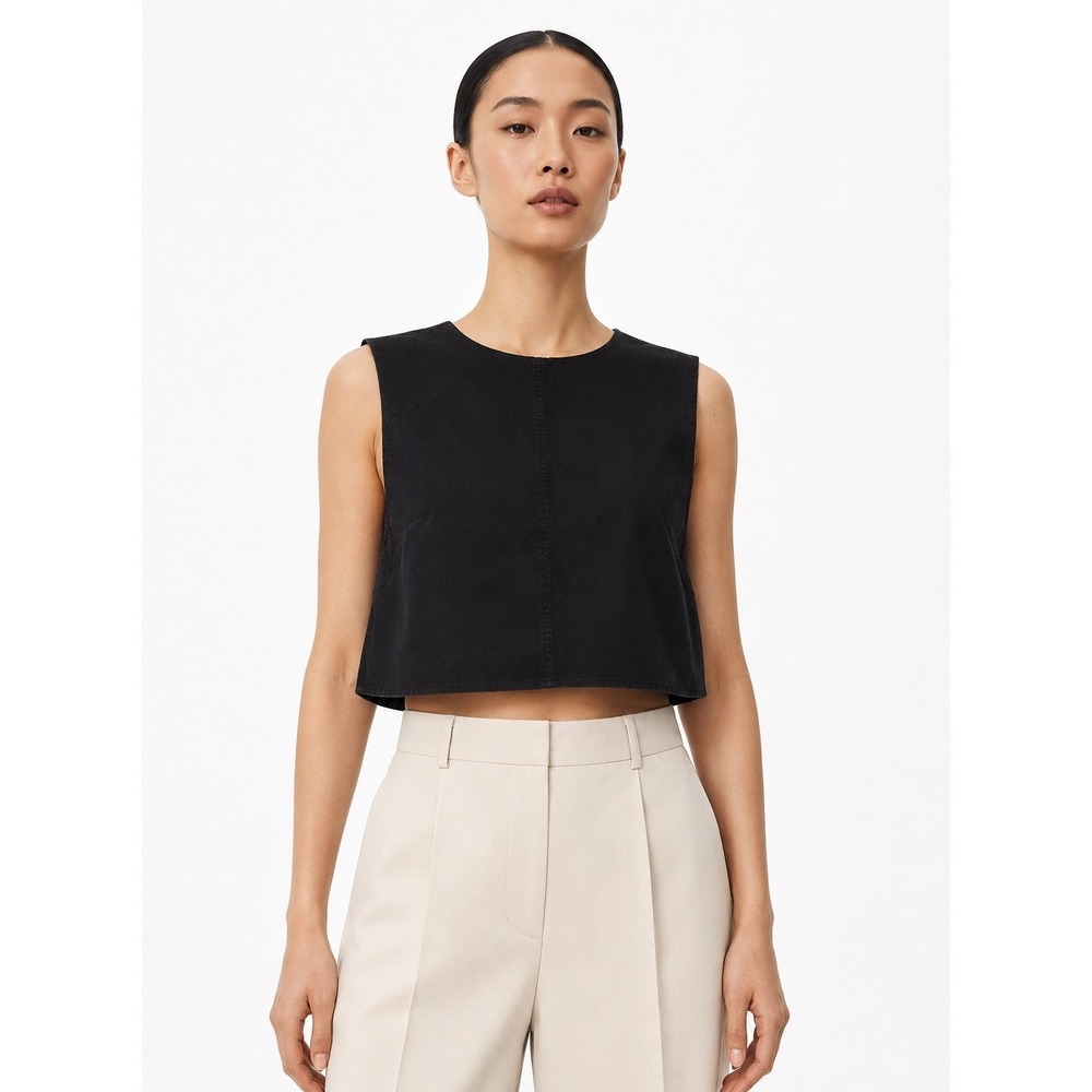 COS Black Sleeveless Crop Top Boxy Cotton Twill Zip Back Minimalist Size 2